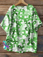 Women’s Green Ribbon Mental Health Awareness Print Casual Linen Crew Neck Shirt Multicolor / S