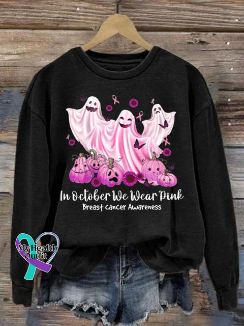 Women’s Halloween Ghost In October We Wear Pink Breast Cancer Awareness Print Pattern Casual