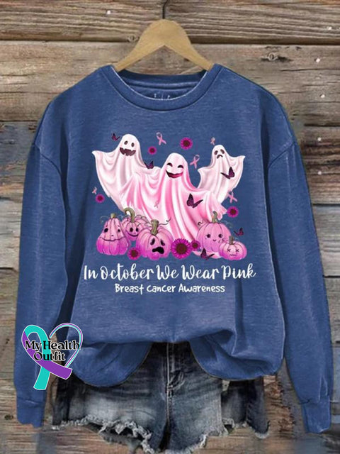 Women’s Halloween Ghost In October We Wear Pink Breast Cancer Awareness Print Pattern Casual