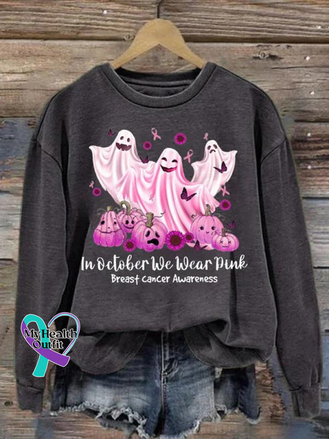 Women’s Halloween Ghost In October We Wear Pink Breast Cancer Awareness Print Pattern Casual