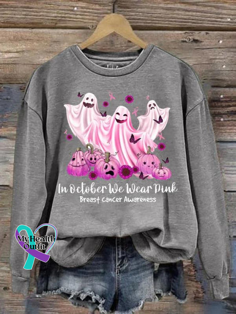 Women’s Halloween Ghost In October We Wear Pink Breast Cancer Awareness Print Pattern Casual