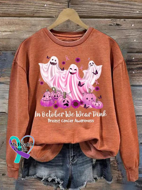 Women’s Halloween Ghost In October We Wear Pink Breast Cancer Awareness Print Pattern Casual