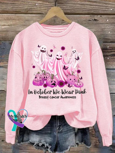 Women’s Halloween Ghost In October We Wear Pink Breast Cancer Awareness Print Pattern Casual