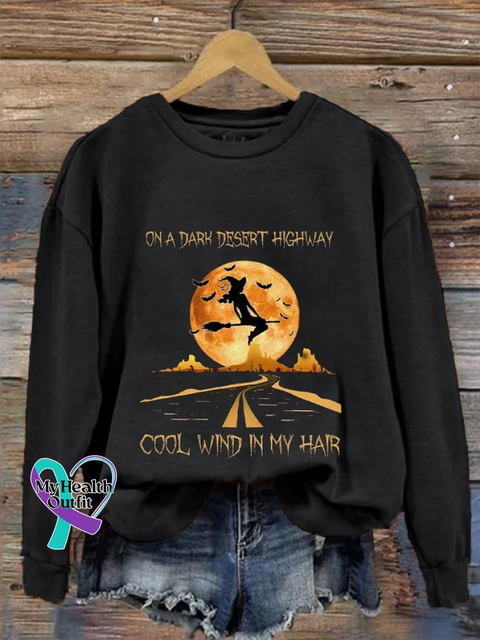 Women’s Halloween On A Dark Desert Highway Cold Wind In My Hair Print Crew Neck Sweatshirt Black / S
