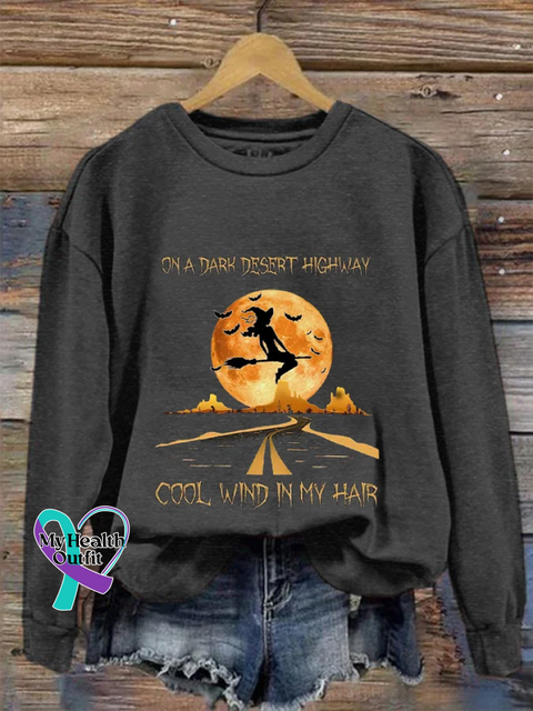 Women’s Halloween On A Dark Desert Highway Cold Wind In My Hair Print Crew Neck Sweatshirt Deep