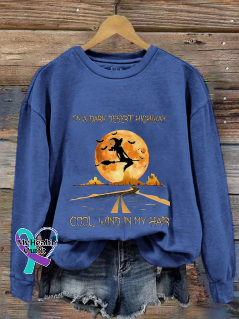 Women’s Halloween On A Dark Desert Highway Cold Wind In My Hair Print Crew Neck Sweatshirt Royal