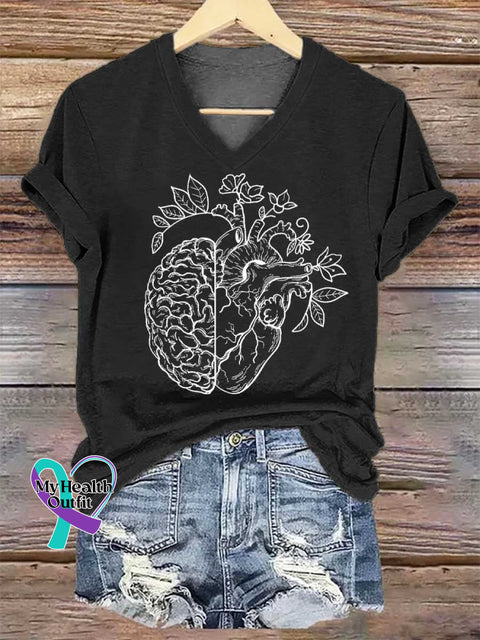 Women’s Heart Brain V-neck Casual T-Shirt Black / S
