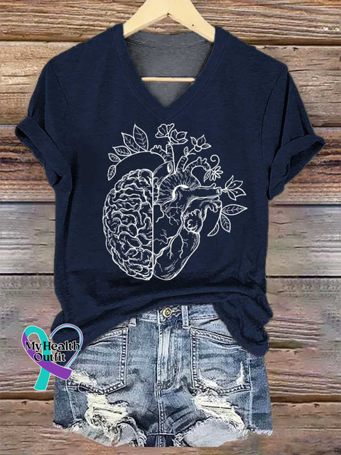 Women’s Heart Brain V-neck Casual T-Shirt Blue / S