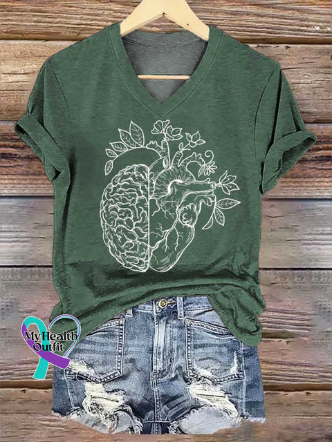 Women’s Heart Brain V-neck Casual T-Shirt Green / S