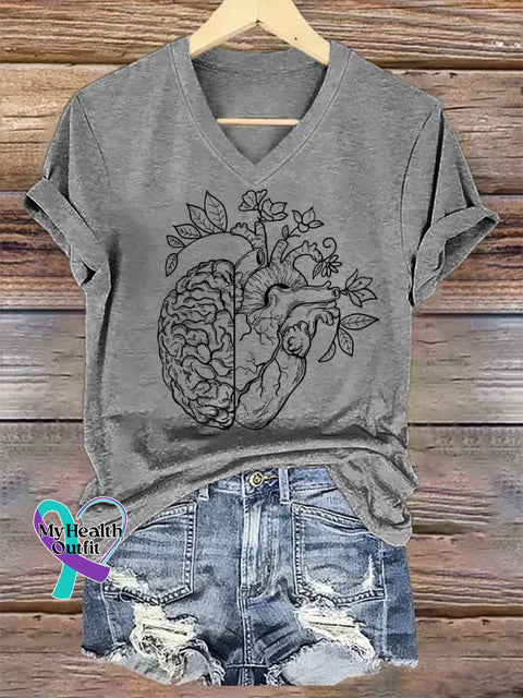 Women’s Heart Brain V-neck Casual T-Shirt Grey / S