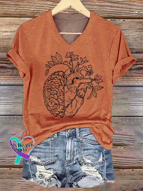 Women’s Heart Brain V-neck Casual T-Shirt Orange / S