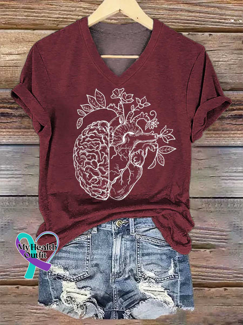 Women’s Heart Brain V-neck Casual T-Shirt Red / S