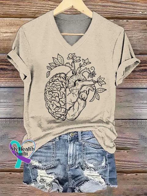 Women’s Heart Brain V-neck Casual T-Shirt Sand / S