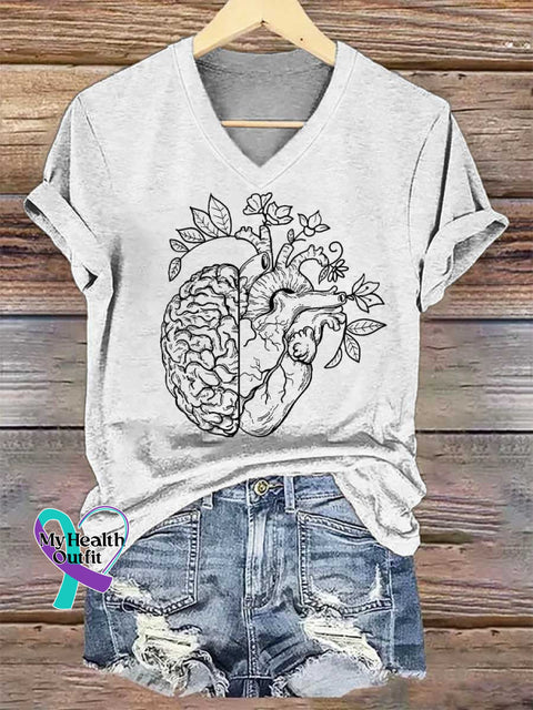 Women’s Heart Brain V-neck Casual T-Shirt White / S
