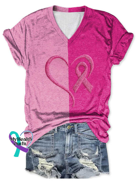 Women’s Heart Breast Cancer Awareness V neck Casual T Shirt Multicolor / S