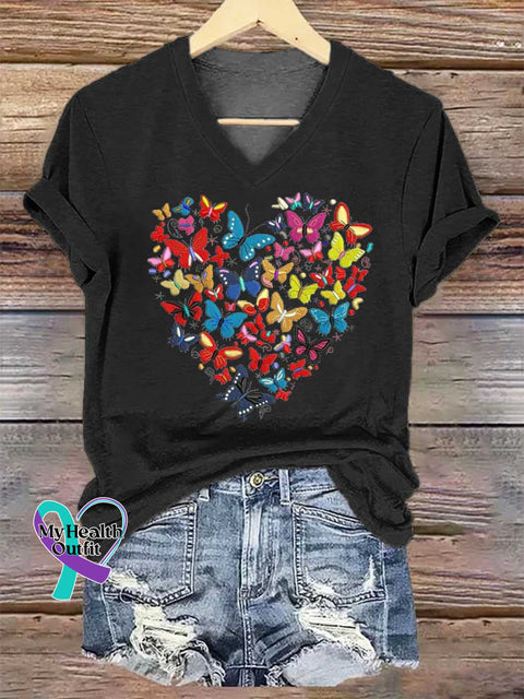 Women’s Heart Butterflies V-neck Casual T-Shirt Black / S