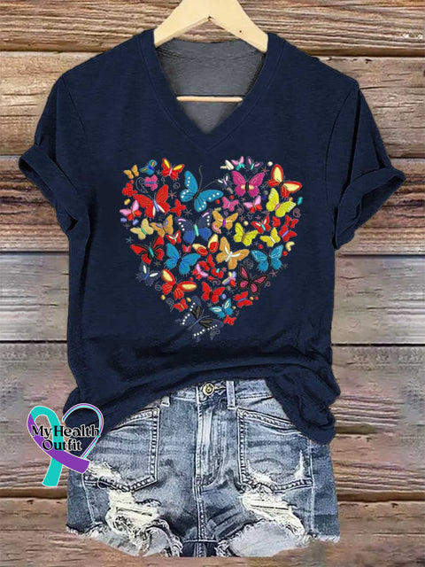 Women’s Heart Butterflies V-neck Casual T-Shirt Blue / S