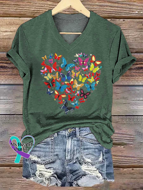 Women’s Heart Butterflies V-neck Casual T-Shirt Green / S