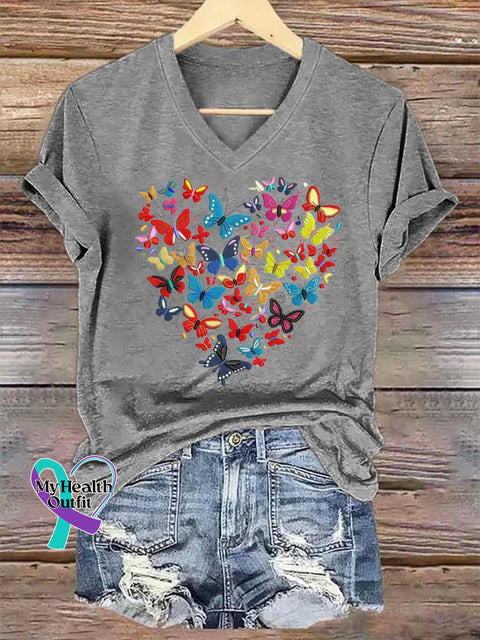 Women’s Heart Butterflies V-neck Casual T-Shirt Grey / S
