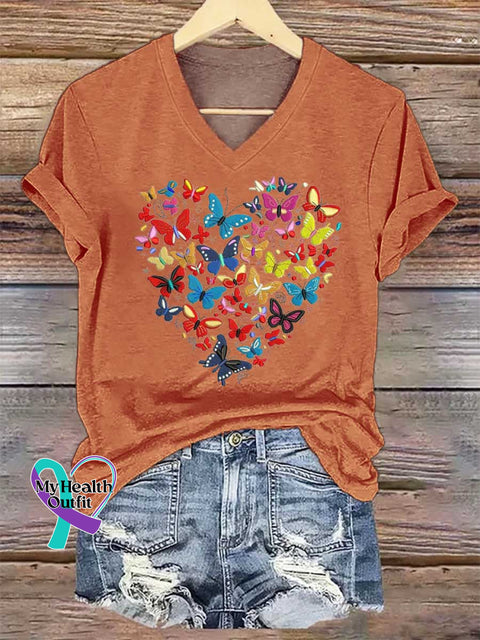 Women’s Heart Butterflies V-neck Casual T-Shirt Orange / S