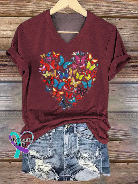 Women’s Heart Butterflies V-neck Casual T-Shirt Red / S