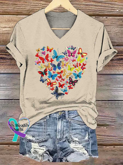 Women’s Heart Butterflies V-neck Casual T-Shirt Sand / S