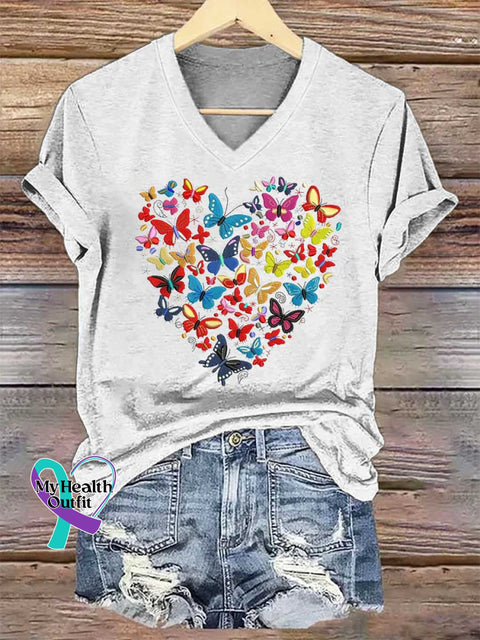 Women’s Heart Butterflies V-neck Casual T-Shirt White / S