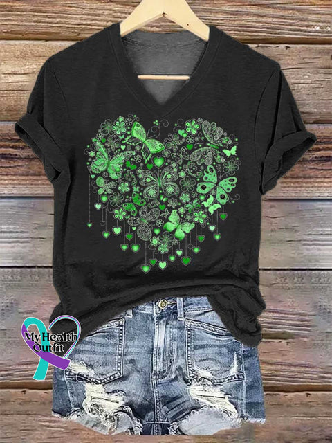 Women’s Heart Butterfly Mental Health Awareness V-neck Casual T-Shirt Black / S