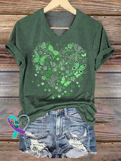 Women’s Heart Butterfly Mental Health Awareness V-neck Casual T-Shirt Green / S