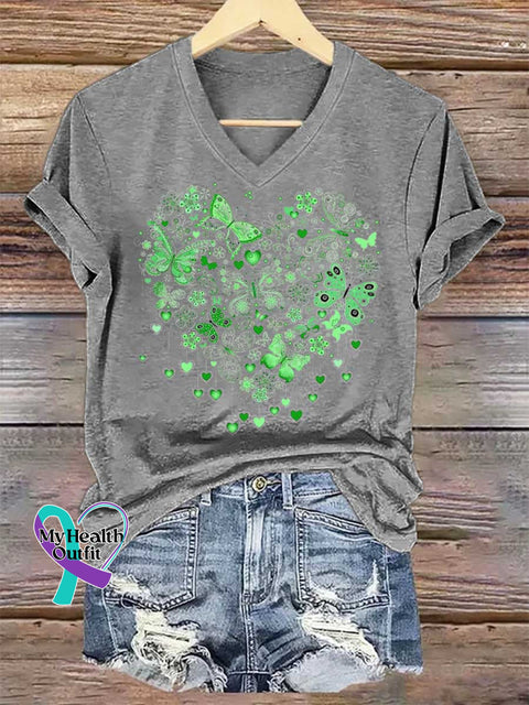Women’s Heart Butterfly Mental Health Awareness V-neck Casual T-Shirt Grey / S