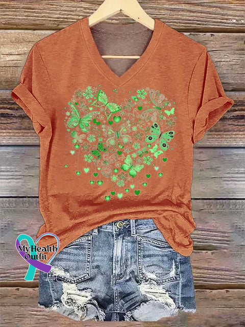 Women’s Heart Butterfly Mental Health Awareness V-neck Casual T-Shirt Orange / S