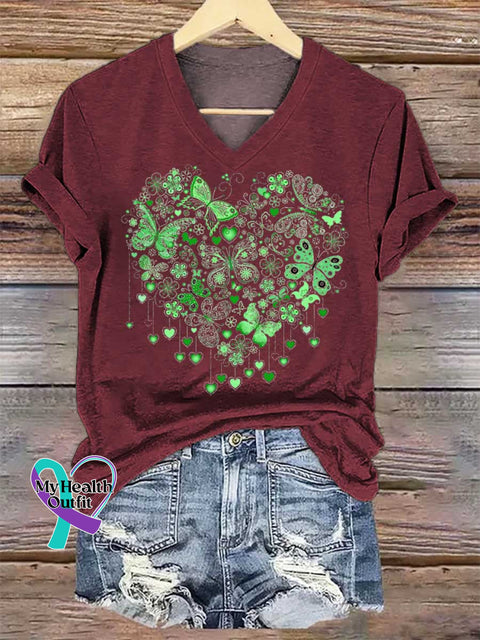 Women’s Heart Butterfly Mental Health Awareness V-neck Casual T-Shirt Red / S