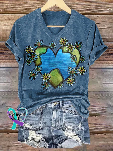 Women’s Heart Earth Floral V-neck Casual T-Shirt Multicolor / S