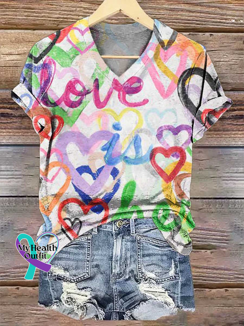Women’s Heart Love V-neck Casual T-Shirt Multicolor / S