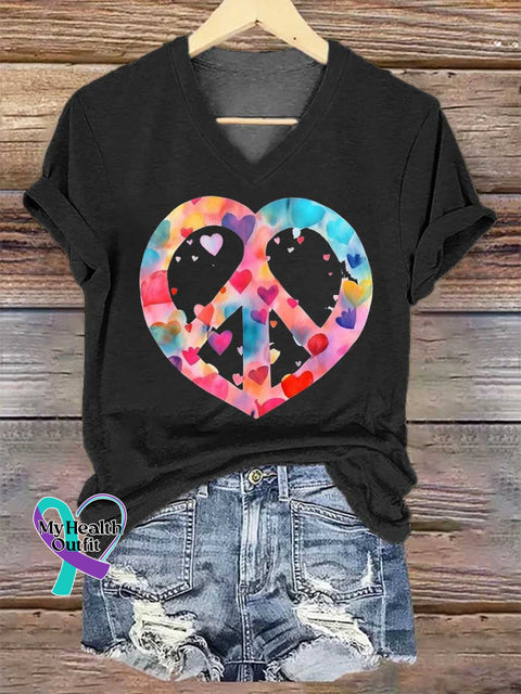 Women’s Heart Peace Sign Print V-neck Casual T-Shirt Black / S