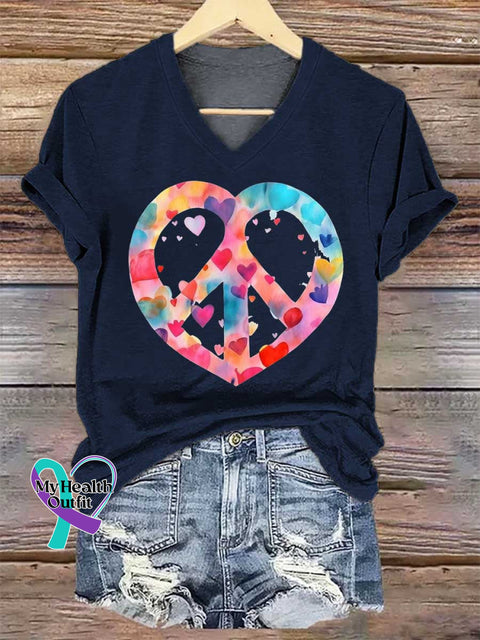 Women’s Heart Peace Sign Print V-neck Casual T-Shirt Blue / S