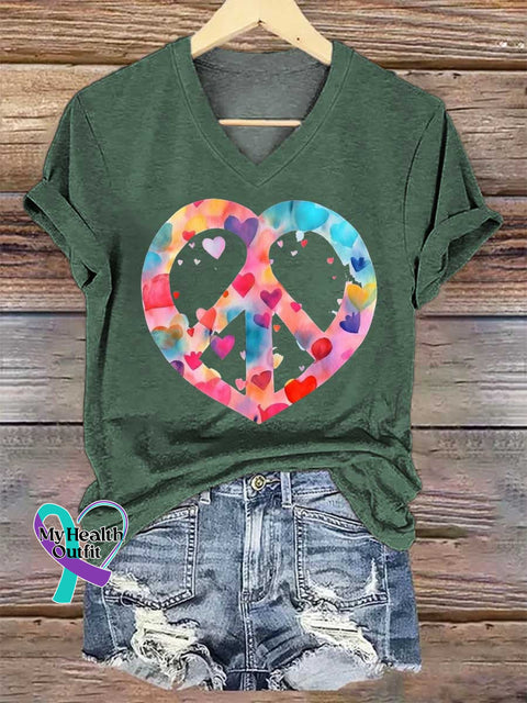 Women’s Heart Peace Sign Print V-neck Casual T-Shirt Green / S