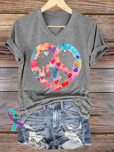 Women’s Heart Peace Sign Print V-neck Casual T-Shirt Grey / S