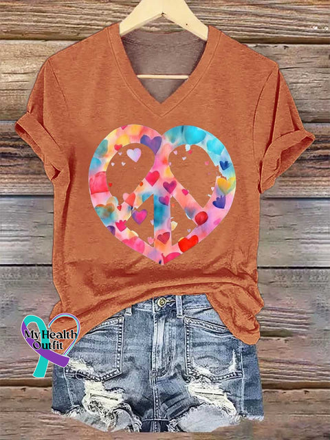 Women’s Heart Peace Sign Print V-neck Casual T-Shirt Orange / S