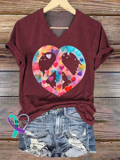 Women’s Heart Peace Sign Print V-neck Casual T-Shirt Red / S
