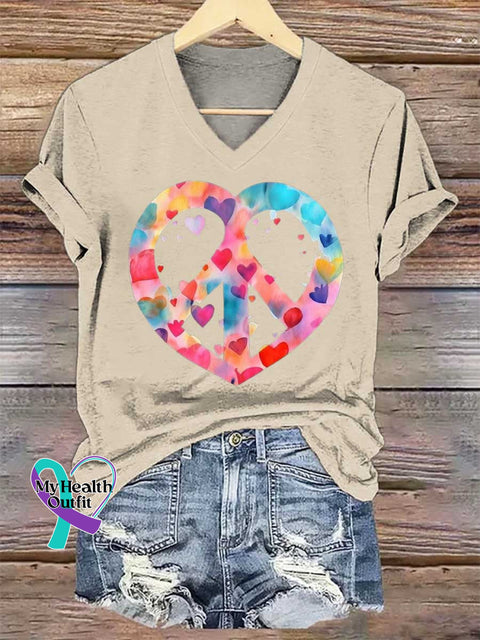 Women’s Heart Peace Sign Print V-neck Casual T-Shirt Sand / S