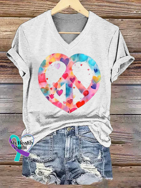 Women’s Heart Peace Sign Print V-neck Casual T-Shirt White / S