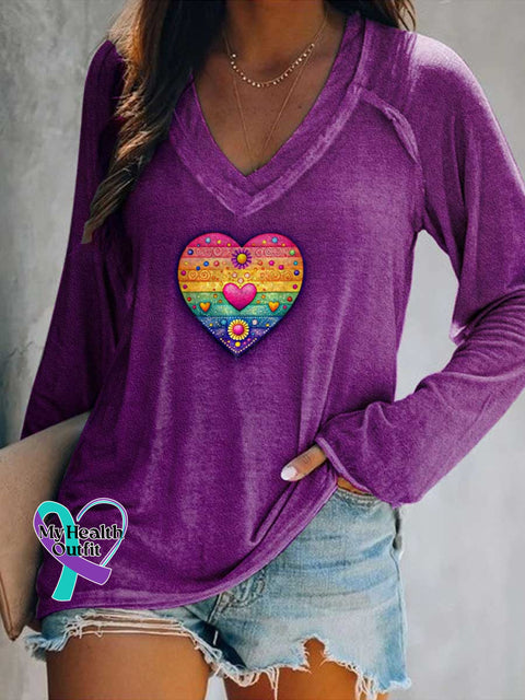 Women’s Heart Rainbow Print Casual V Neck Long Sleeve Tops Multicolor / S