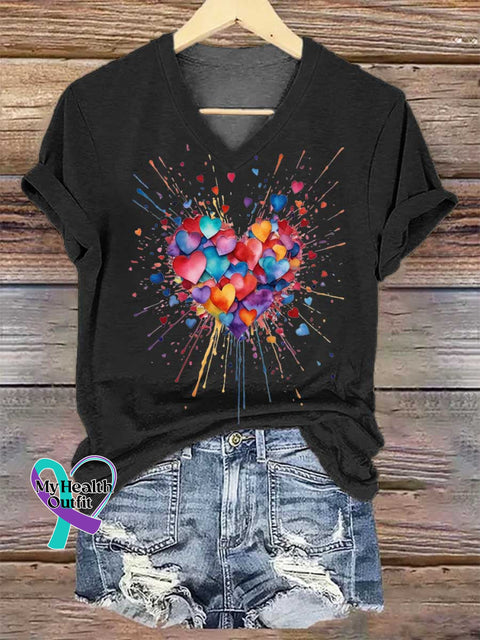 Women’s Heart V-neck Casual T-Shirt Black / S