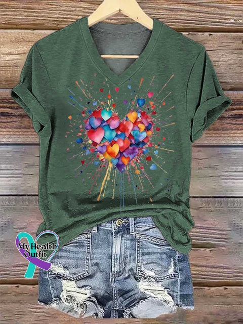 Women’s Heart V-neck Casual T-Shirt Green / S