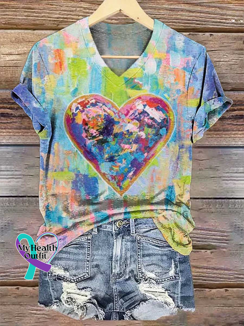 Women’s Heart V-neck Casual T-Shirt Multicolor / S