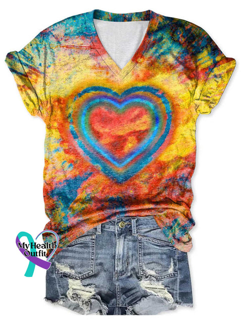 Women’s Heart V-neck Casual T-Shirt Multicolor / S