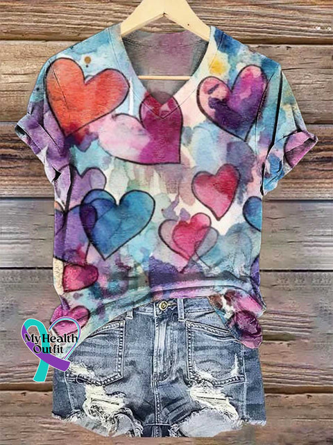 Women’s Heart V-neck Casual T-Shirt Multicolor / S