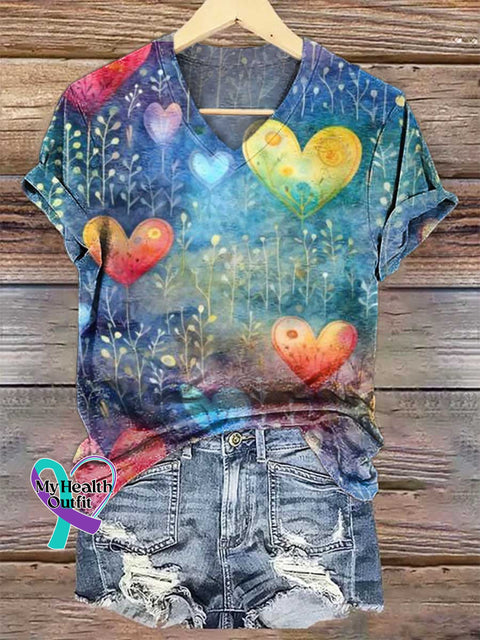 Women’s Heart V-neck Casual T-Shirt Multicolor / S
