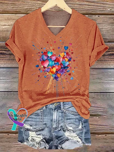 Women’s Heart V-neck Casual T-Shirt Orange / S